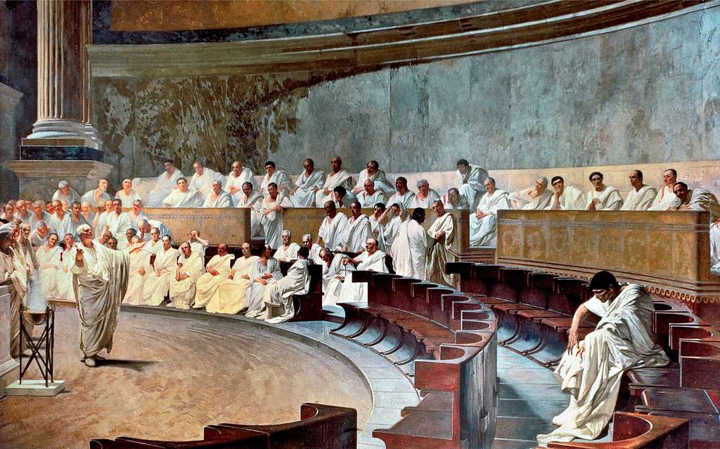A fresco by Cesare Maccari depicting Roman senator Cicero denouncing Catiline's conspiracy to overthrow the Republic in the Roman senate.